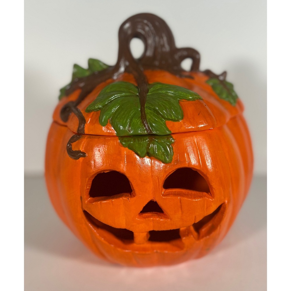 Ceramic Jack-O-Lantern Pumpkin Candy Jar with Lid Halloween Decor Orange 8.5"